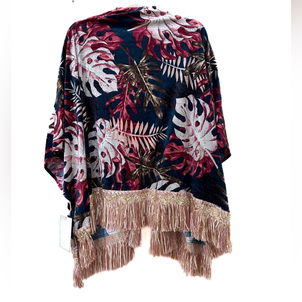 Kimono, velvet colorful print, arm holes, fringe along hemline, mid length - Picture 6 of 8
